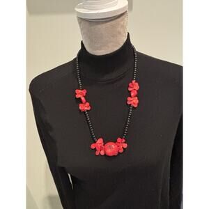 24” Dyed Red And Black Coral Statement Necklace Sterling Silver Clasp
